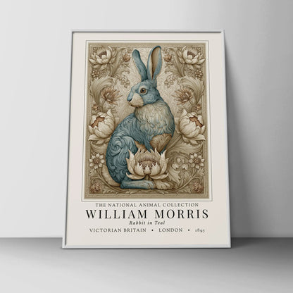 Framed artwork of a rabbit with decorative elements on a plain background. William Morris inspired exhibition poster.