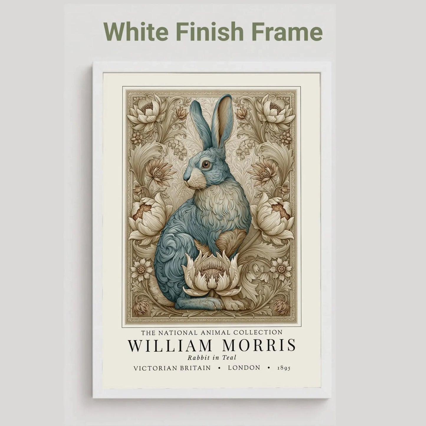 Poster of a rabbit illustration with decorative elements and 'William Morris' text on a white background. William Morris inspired exhibition poster.