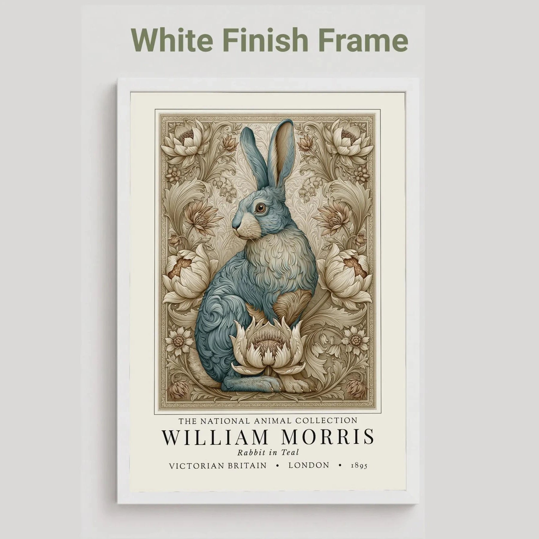 Poster of a rabbit illustration with decorative elements and 'William Morris' text on a white background. William Morris inspired exhibition poster.