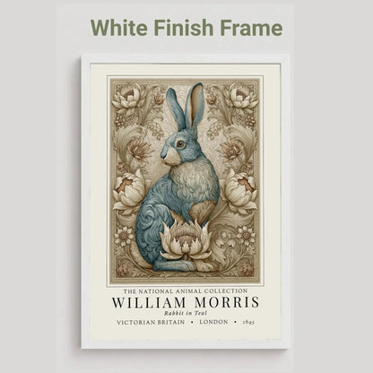 Poster of a rabbit illustration with decorative elements and 'William Morris' text on a white background. William Morris inspired exhibition poster.