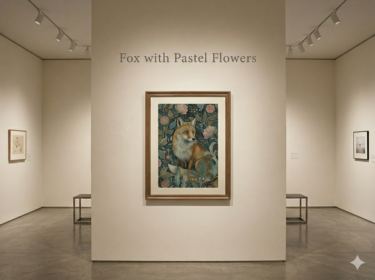 Art gallery with a william morris painting of a fox with pastel flowers on a wall.