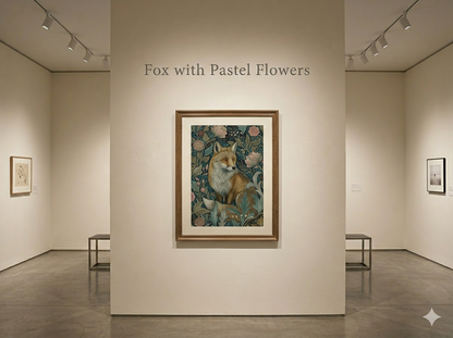 Art gallery with a william morris painting of a fox with pastel flowers on a wall.