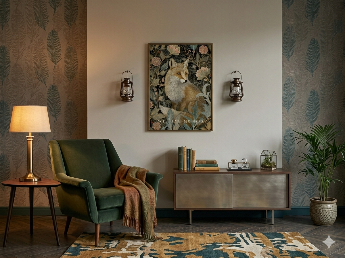 Living room with green armchair, side table, lamp, and william morris wall art of a fox.