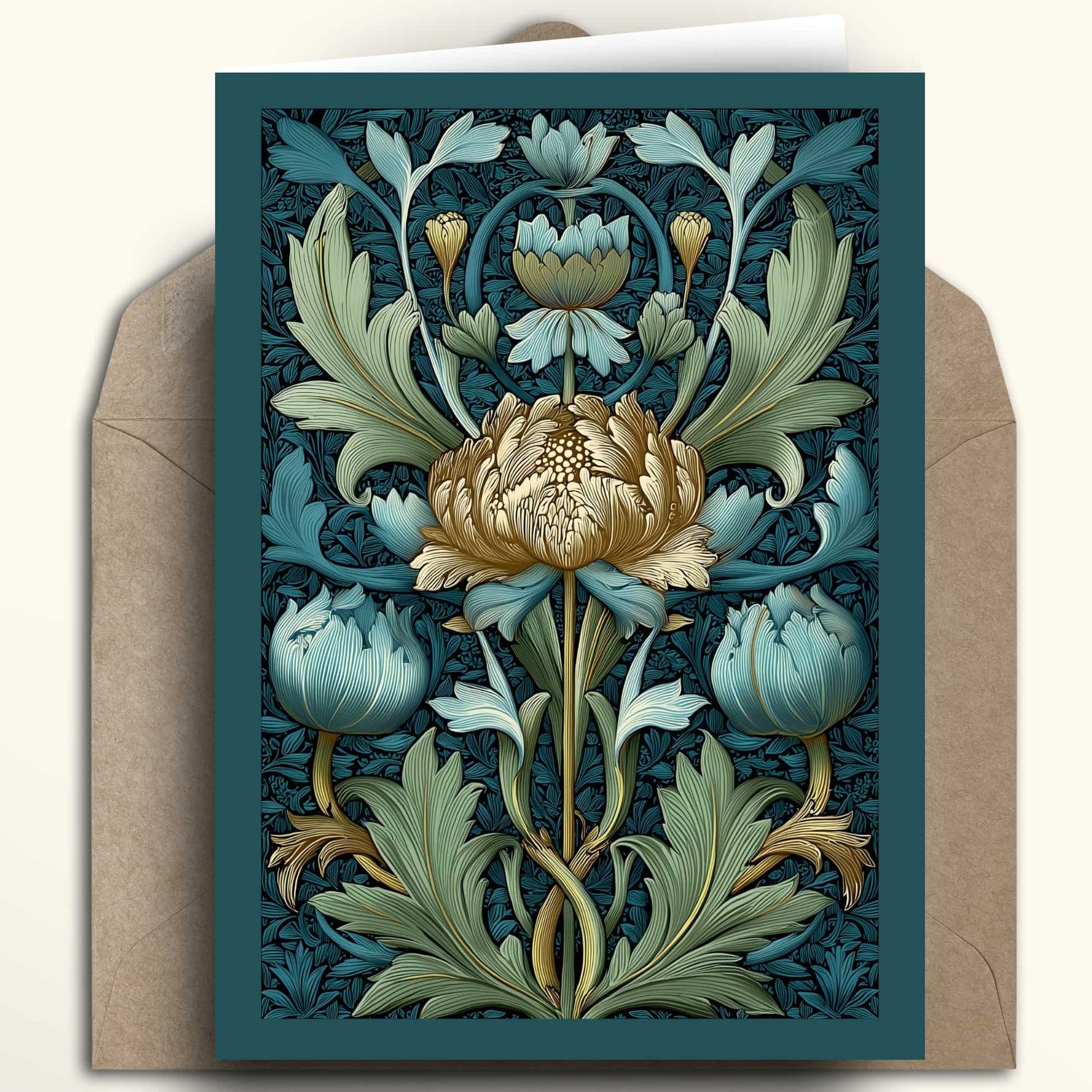 An art print or greeting card featuring a William Morris-style floral illustration with a central cream flower and blue-green foliage, shown standing upright in front of a brown kraft envelope on a light beige background.