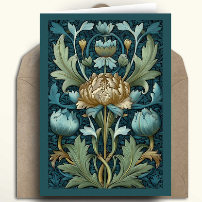 An art print or greeting card featuring a William Morris-style floral illustration with a central cream flower and blue-green foliage, shown standing upright in front of a brown kraft envelope on a light beige background.