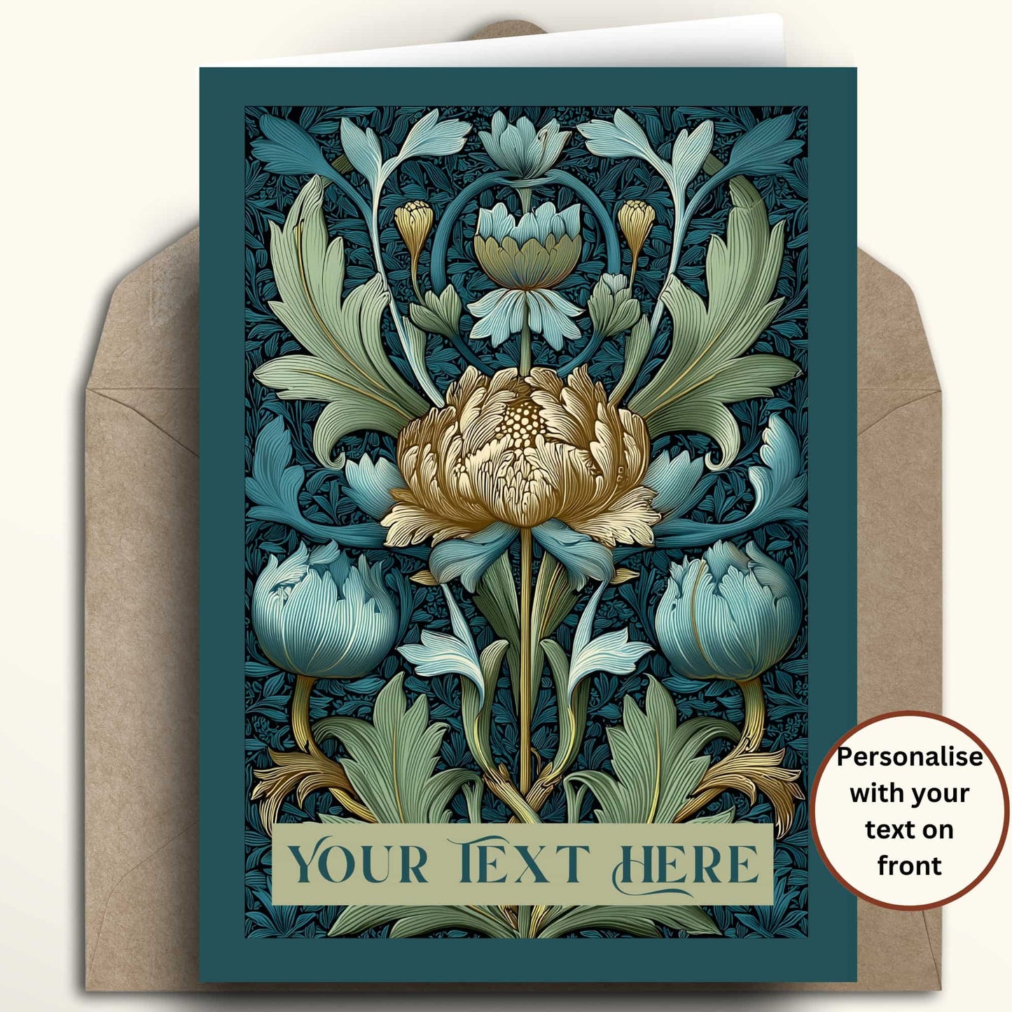 A floral greeting card with an Art Nouveau style design in teal, sage green, cream, and gold, shown with a brown envelope on a light beige background. A circular badge on the right says 'Personalise with your text on front'.