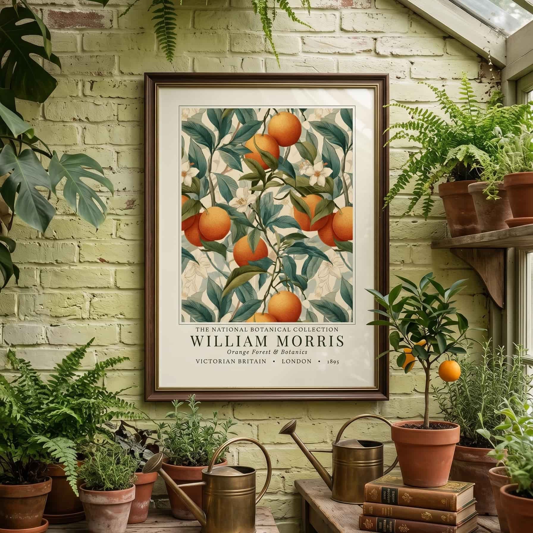 Greenhouse interior with plants, a watering can, and a framed botanical print on a brick wall.