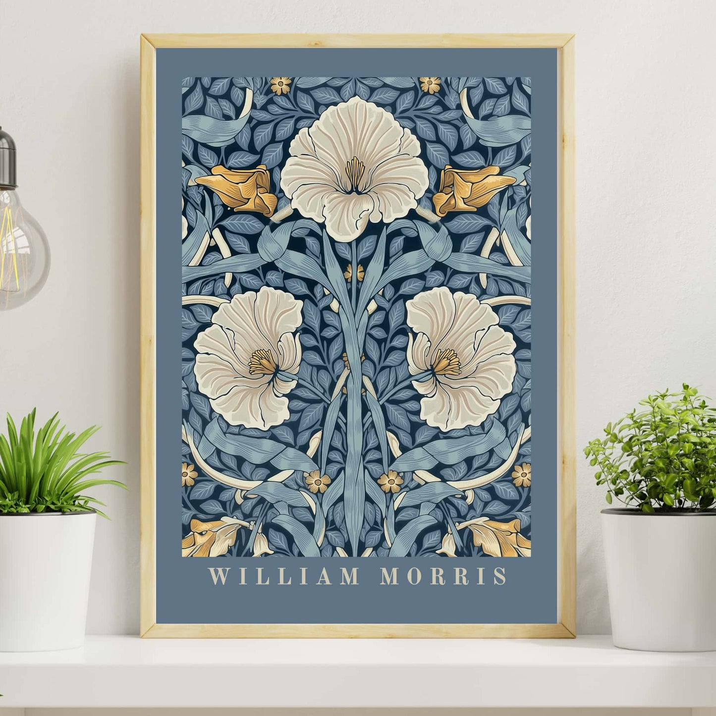 William Morris Pimpernel print with slate blue sophisticated border showing cream pimpernel flowers botanical design, Victorian Arts & Crafts floral poster