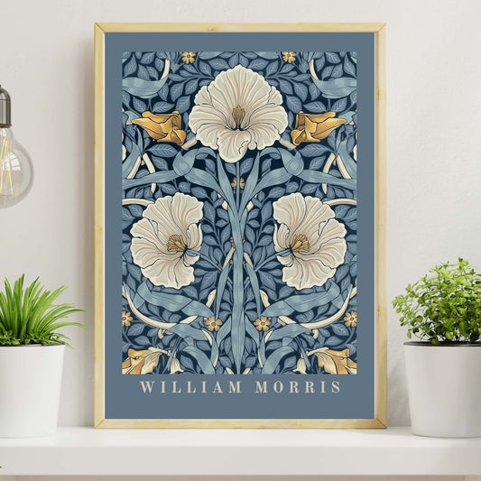 William Morris Pimpernel print with slate blue sophisticated border showing cream pimpernel flowers botanical design, Victorian Arts & Crafts floral poster