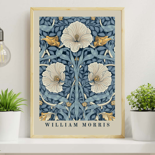 William Morris Pimpernel poster with warm cream heritage border featuring blue botanical floral pattern, Arts & Crafts movement tapestry style print