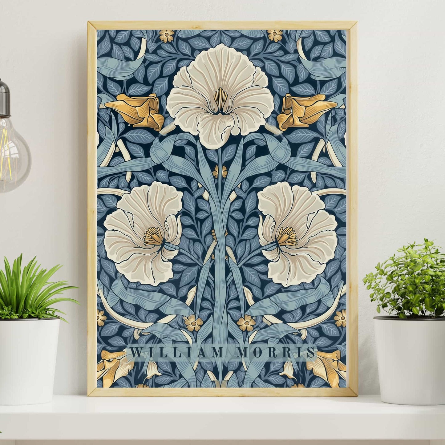 William Morris Pimpernel poster featuring large cream flowers with golden stamens blue-grey foliage on navy background, borderless Arts & Crafts botanical floral tapestry wall art