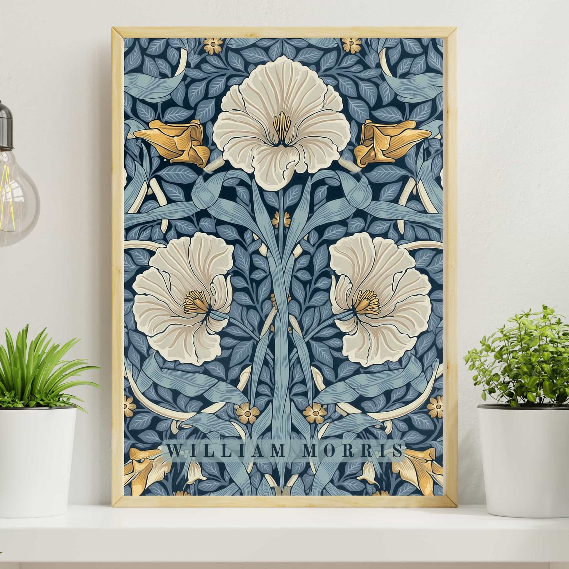 William Morris Pimpernel poster featuring large cream flowers with golden stamens blue-grey foliage on navy background, borderless Arts & Crafts botanical floral tapestry wall art