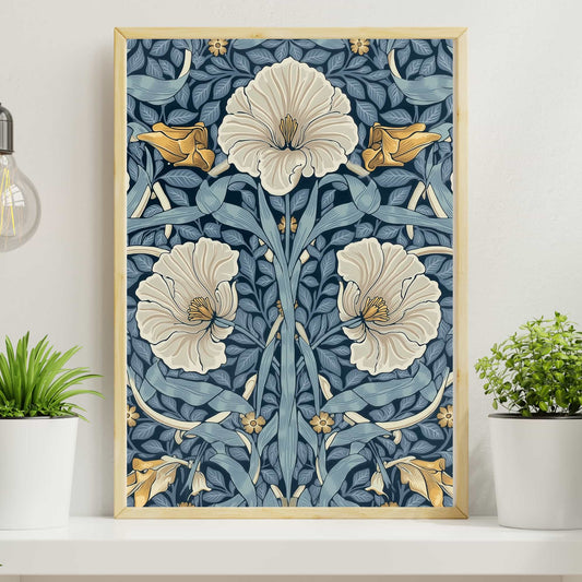 William Morris Pimpernel poster featuring large cream flowers with golden stamens blue-grey foliage on navy background, borderless Arts & Crafts botanical floral tapestry wall art