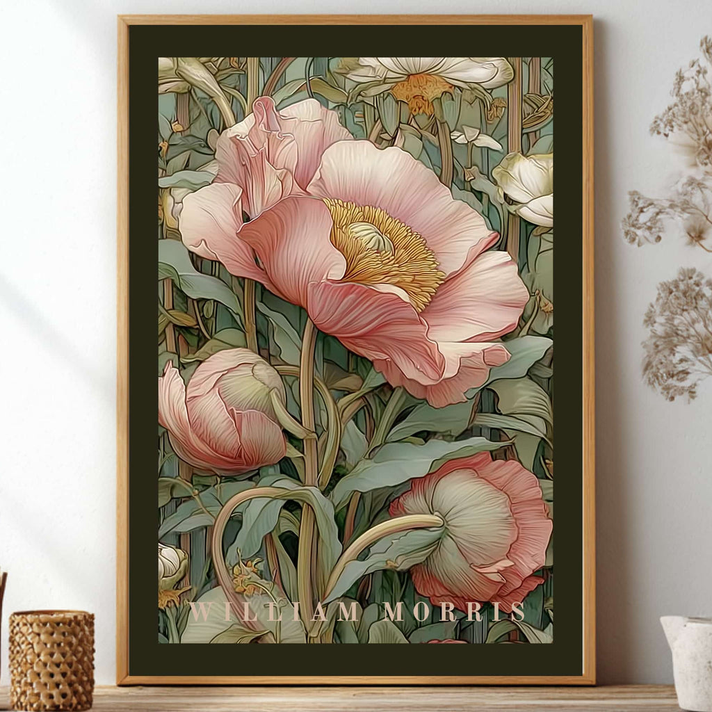 Unframed light pink pastel Pimpernel floral pattern poster inspired by William Morris botanical arts and crafts movement