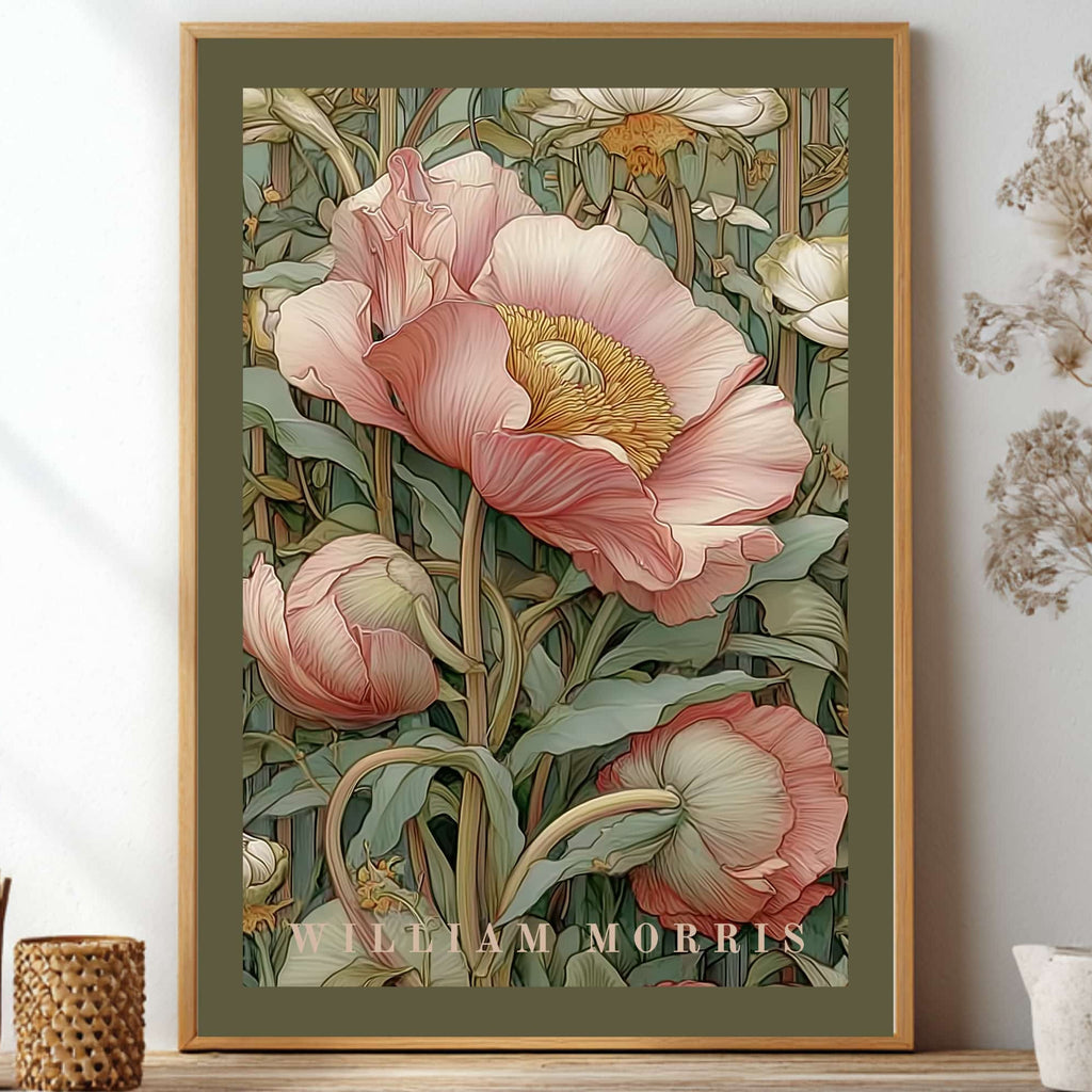 Unframed light pink pastel Pimpernel floral pattern poster inspired by William Morris botanical arts and crafts movement