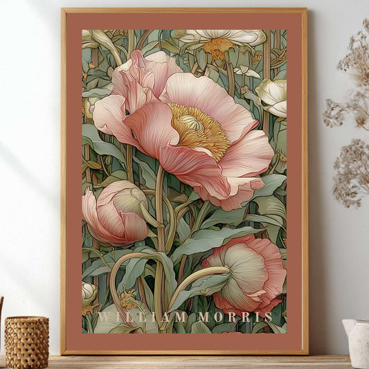 Unframed light pink pastel Pimpernel floral pattern poster inspired by William Morris botanical arts and crafts movement