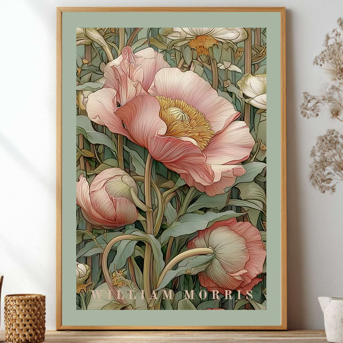 Unframed light pink pastel Pimpernel floral pattern poster inspired by William Morris botanical arts and crafts movement