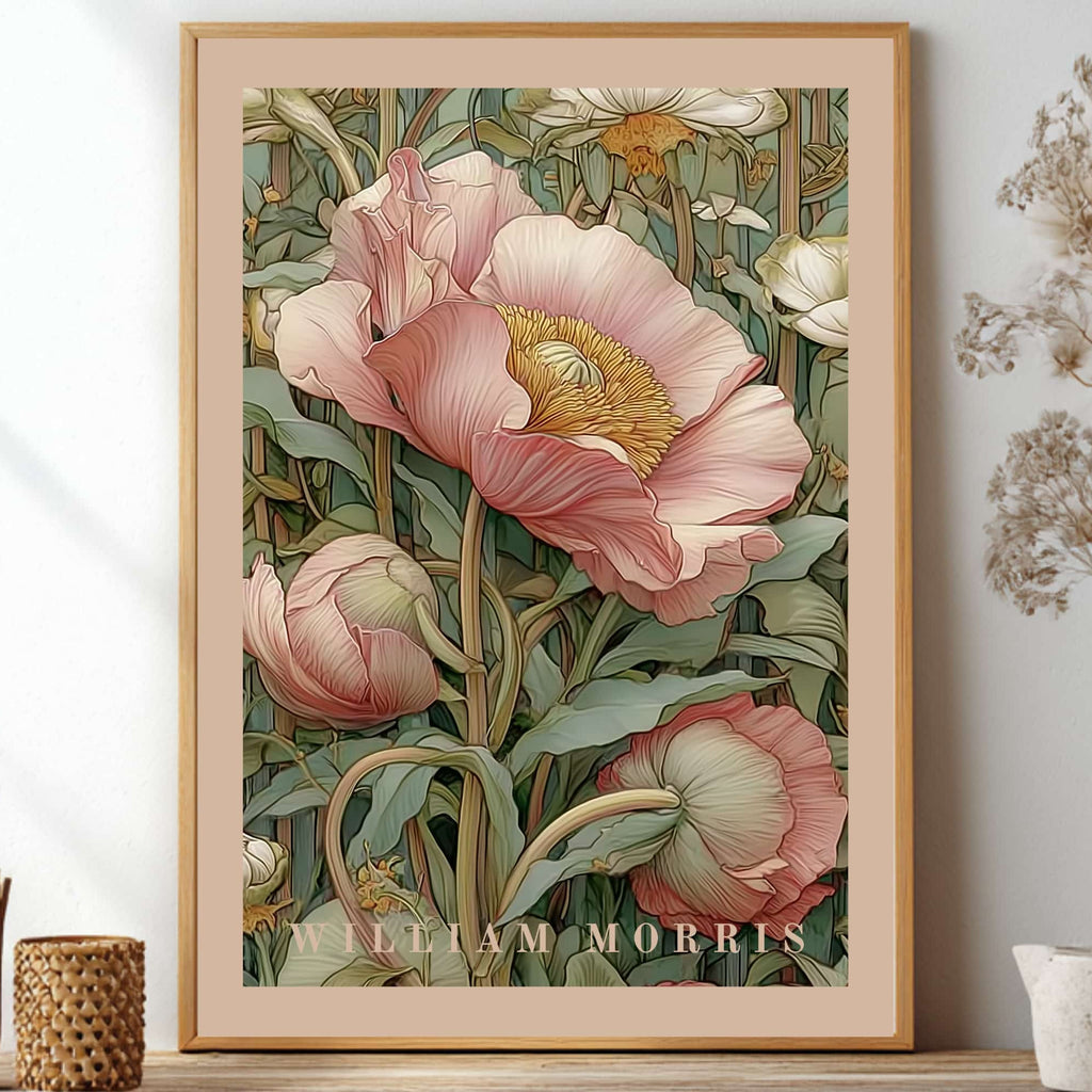 Unframed light pink pastel Pimpernel floral pattern poster inspired by William Morris botanical arts and crafts movement