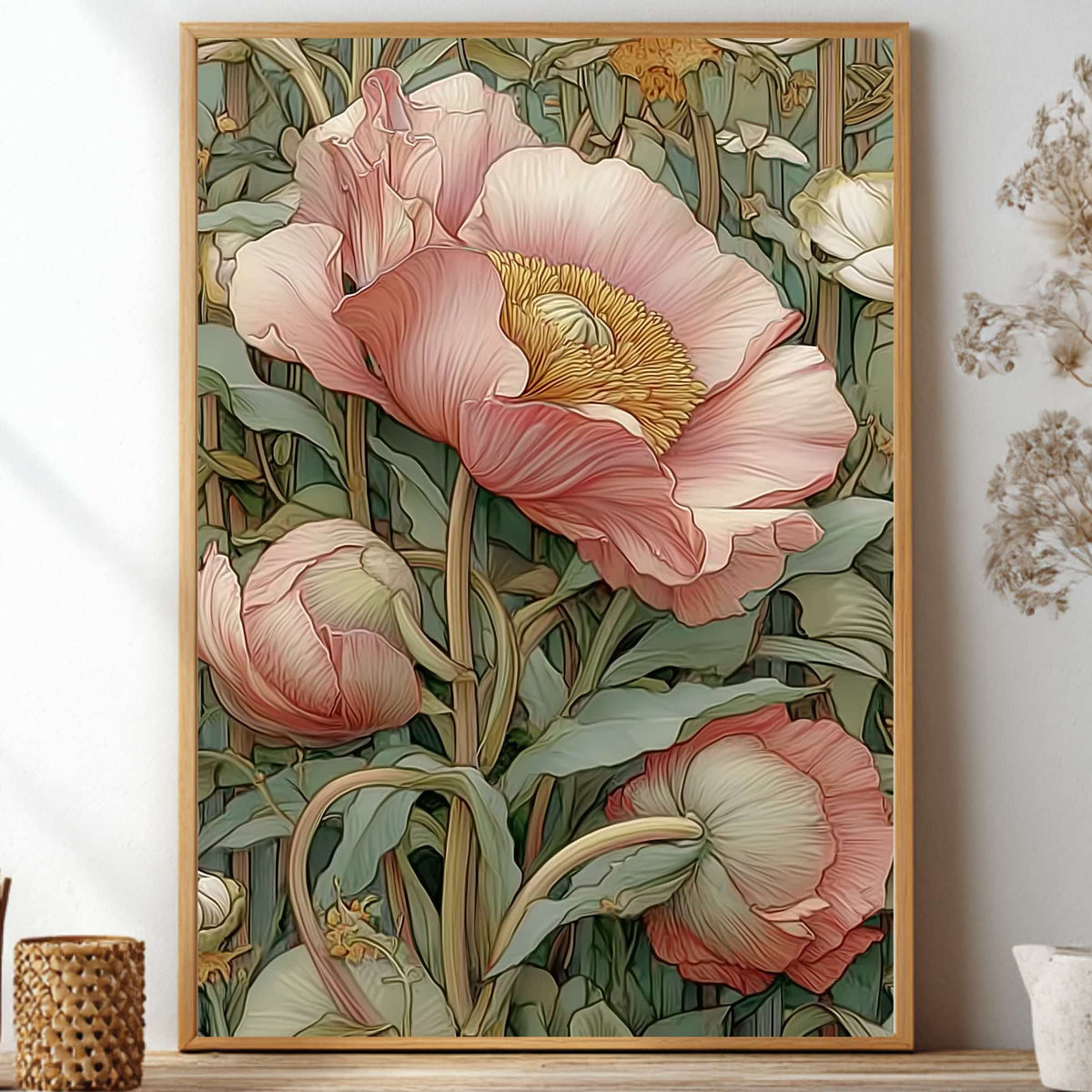 Unframed light pink pastel Pimpernel floral pattern poster inspired by William Morris botanical arts and crafts movement