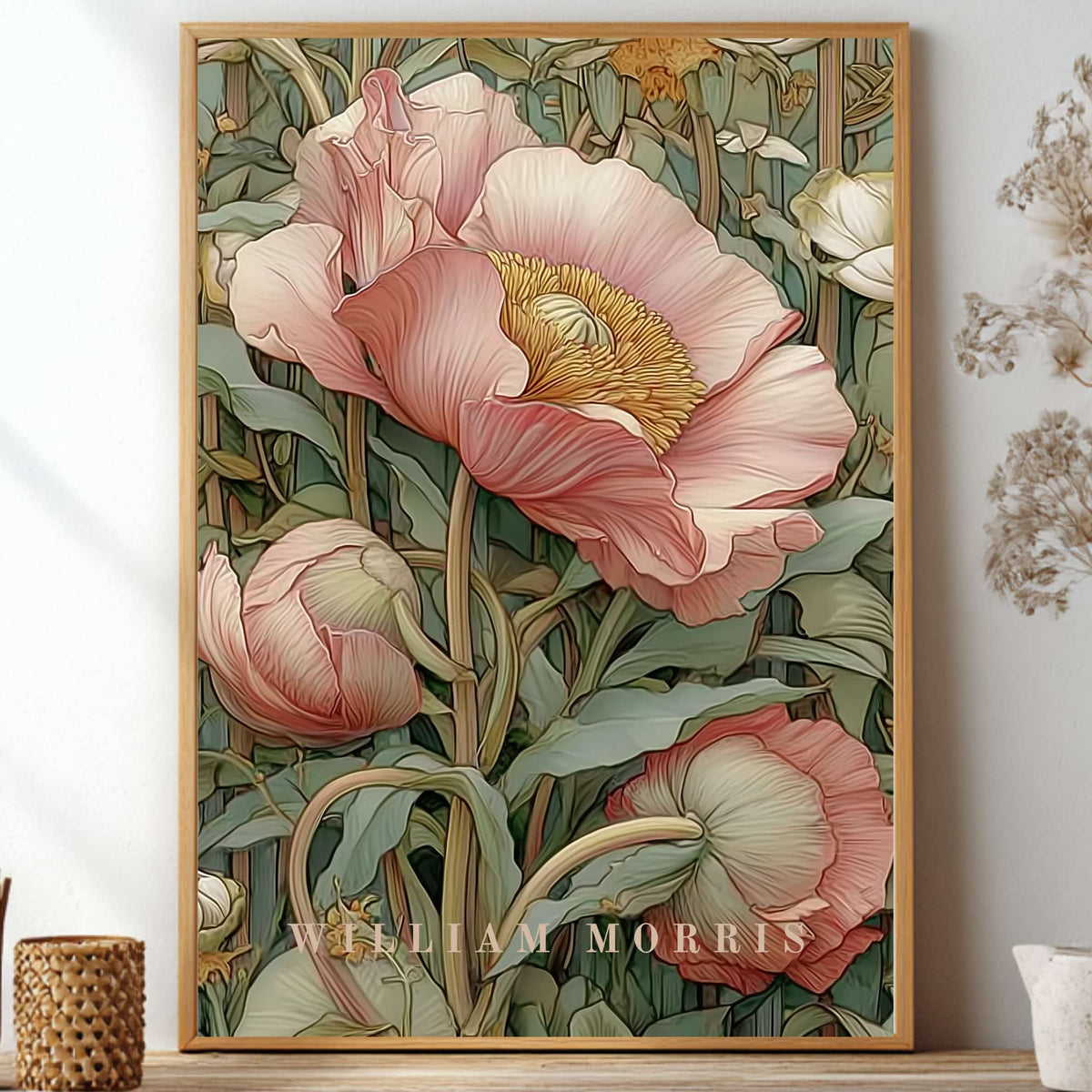 Unframed light pink pastel Pimpernel floral pattern poster inspired by William Morris botanical arts and crafts movement