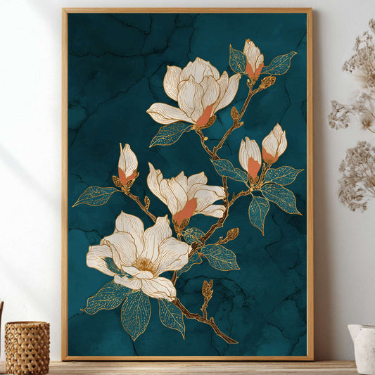 A framed wall art print featuring large white magnolia flowers with gold outlines and teal-blue marbled background, displayed on a shelf in a styled interior with dried flowers and small decorative vases.