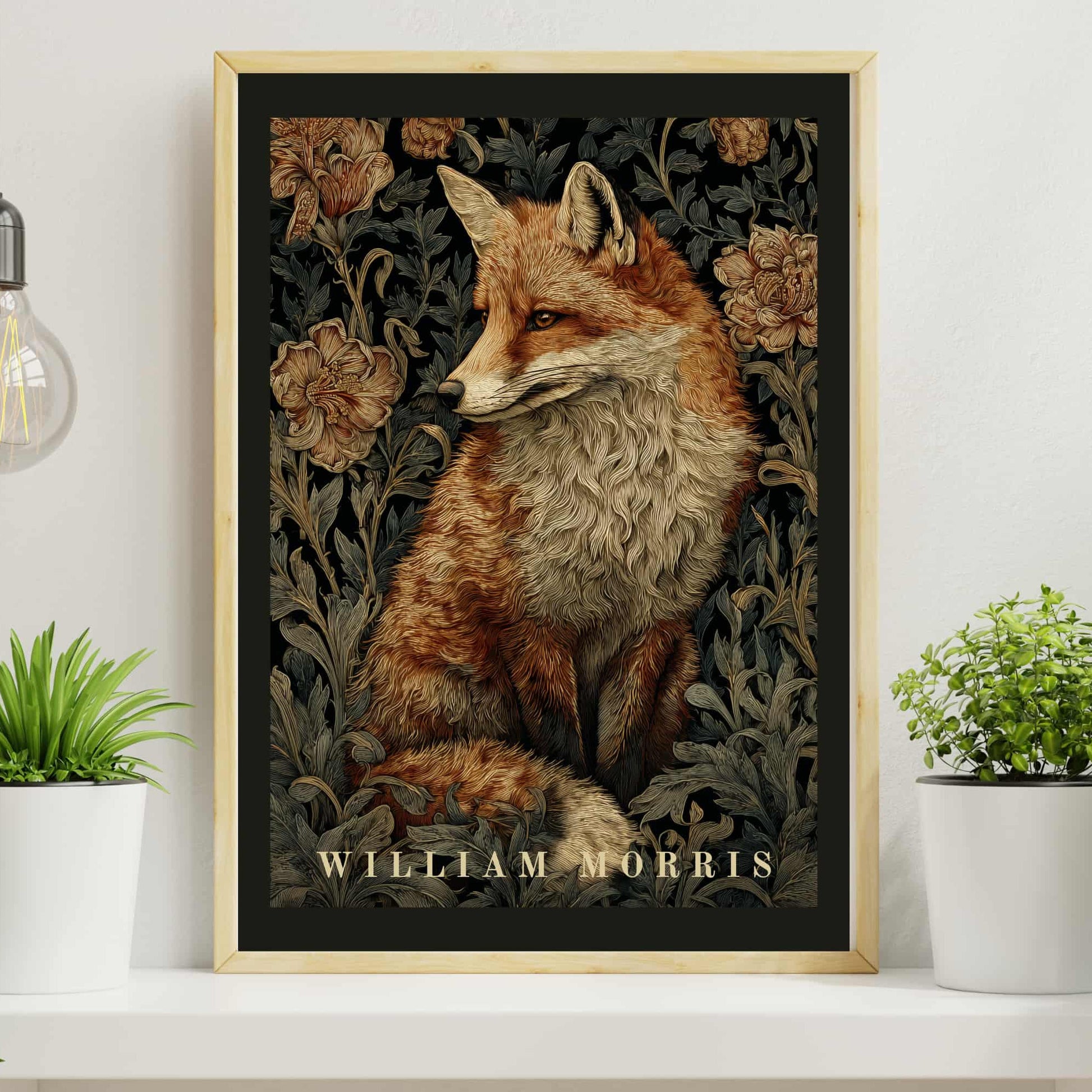 William Morris fox print with dark charcoal border featuring orange fox among green botanical floral elements, vintage tapestry design animal poster