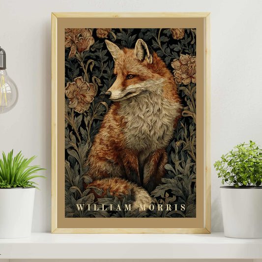 William Morris botanical fox poster with warm tan beige border showing woodland fox with roses and foliage, Arts & Crafts movement style green floral wall art