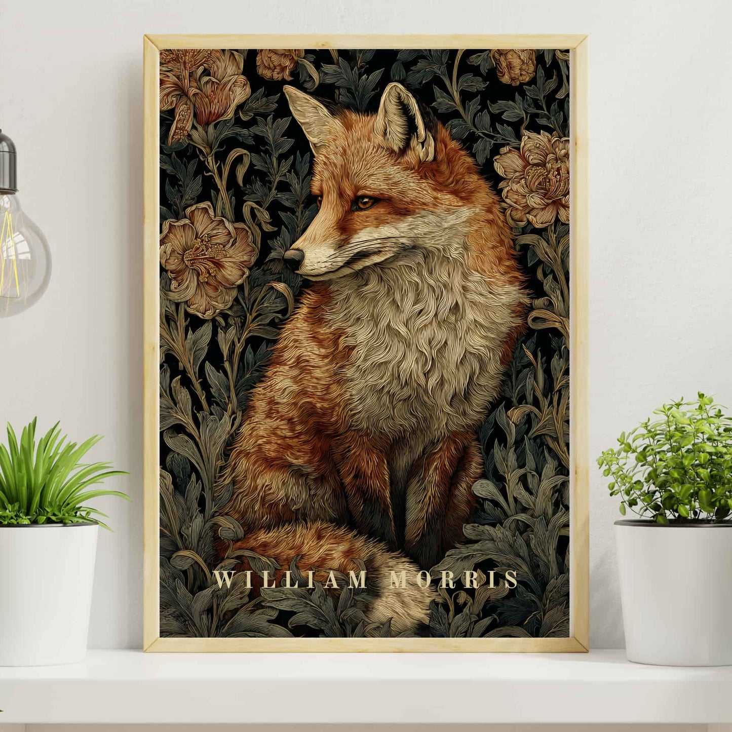 William Morris inspired fox poster featuring majestic russet fox surrounded by botanical roses and green foliage on dark background, borderless Arts & Crafts tapestry style wall art print