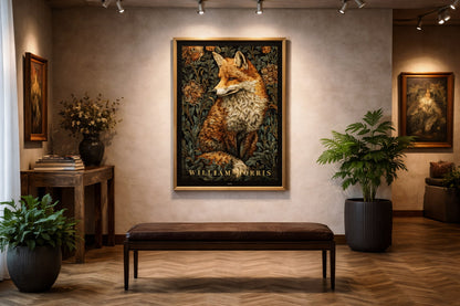 William Morris fox print with dark charcoal border featuring orange fox among green botanical floral elements, vintage tapestry design animal poster, art gallery environment