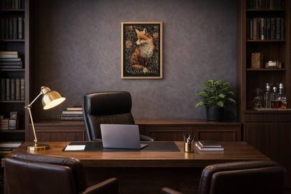 William Morris fox print with dark charcoal border featuring orange fox among green botanical floral elements, vintage tapestry design animal poster, office environment