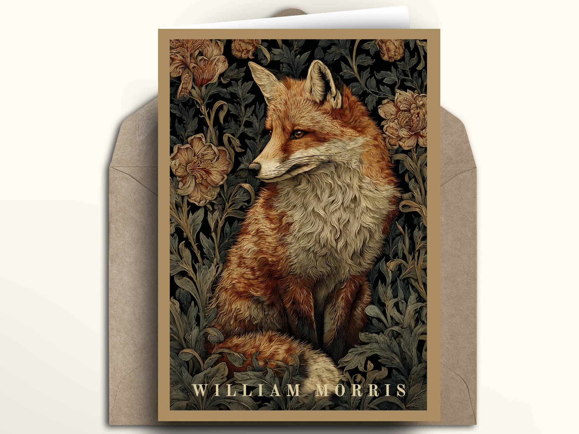 William Morris botanical fox greeting card with warm tan beige border showing woodland fox with roses and foliage, Arts & Crafts movement style green floral wall art
