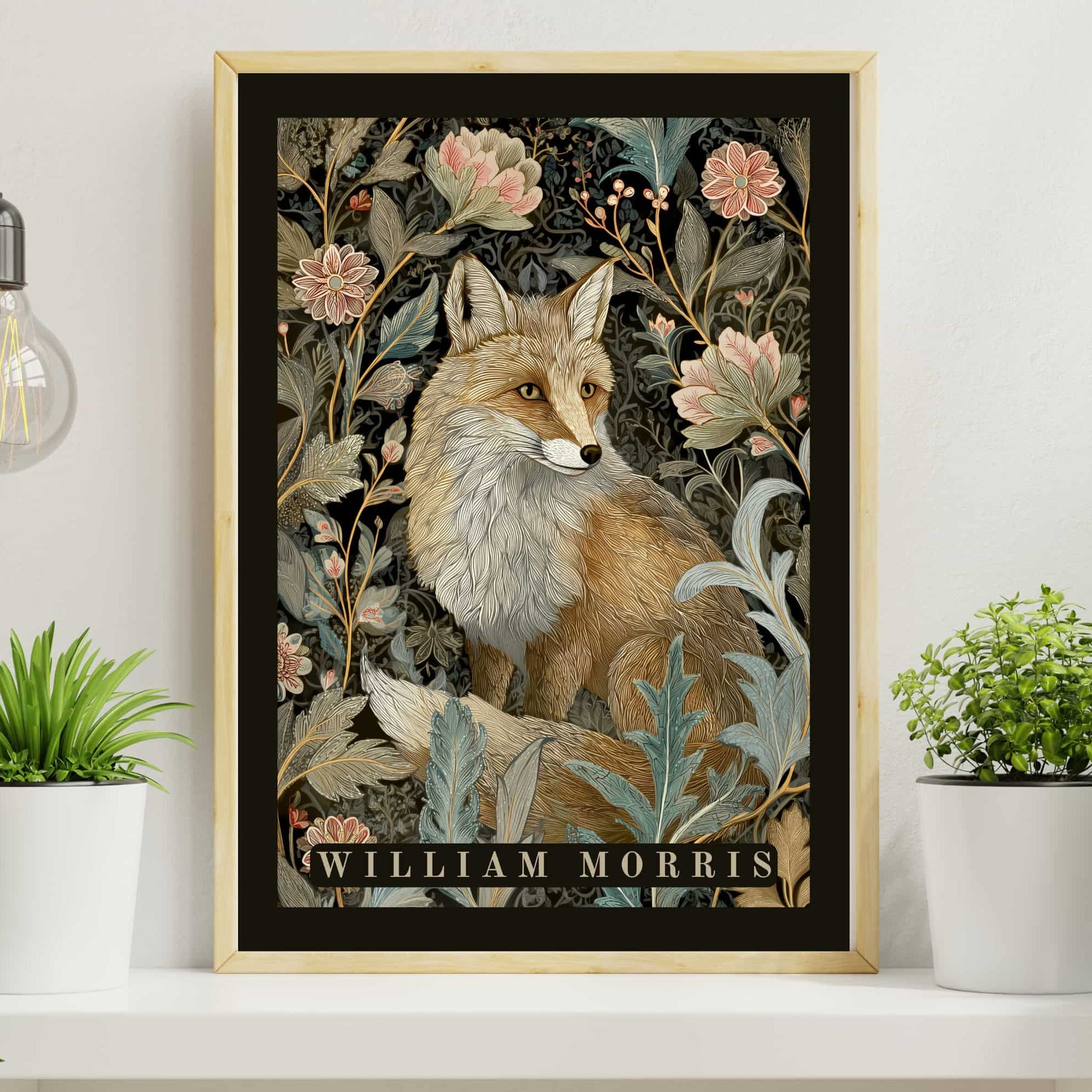 William Morris fox print with deep black dramatic border showing fox with pastel botanical florals, dark cottagecore tapestry style wall art