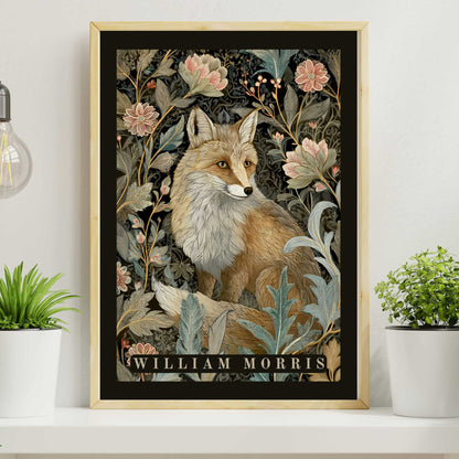 William Morris fox print with deep black dramatic border showing fox with pastel botanical florals, dark cottagecore tapestry style wall art
