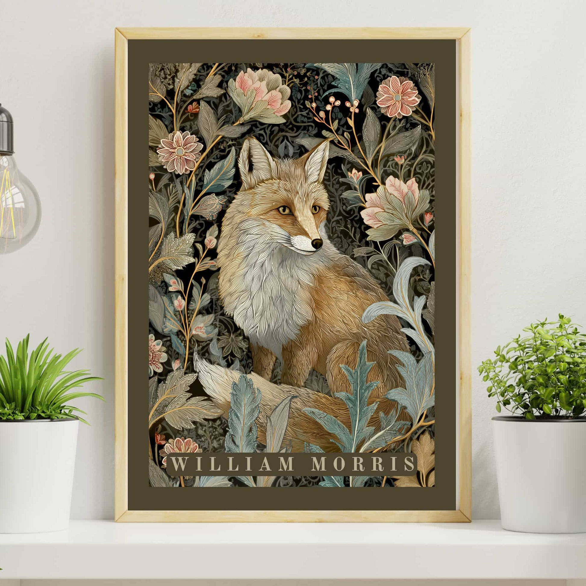 William Morris fox poster with grey-green natural harmony border featuring fox among pastel flowers dark background, botanical tapestry Arts & Crafts print