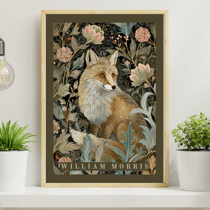 William Morris fox poster with grey-green natural harmony border featuring fox among pastel flowers dark background, botanical tapestry Arts & Crafts print