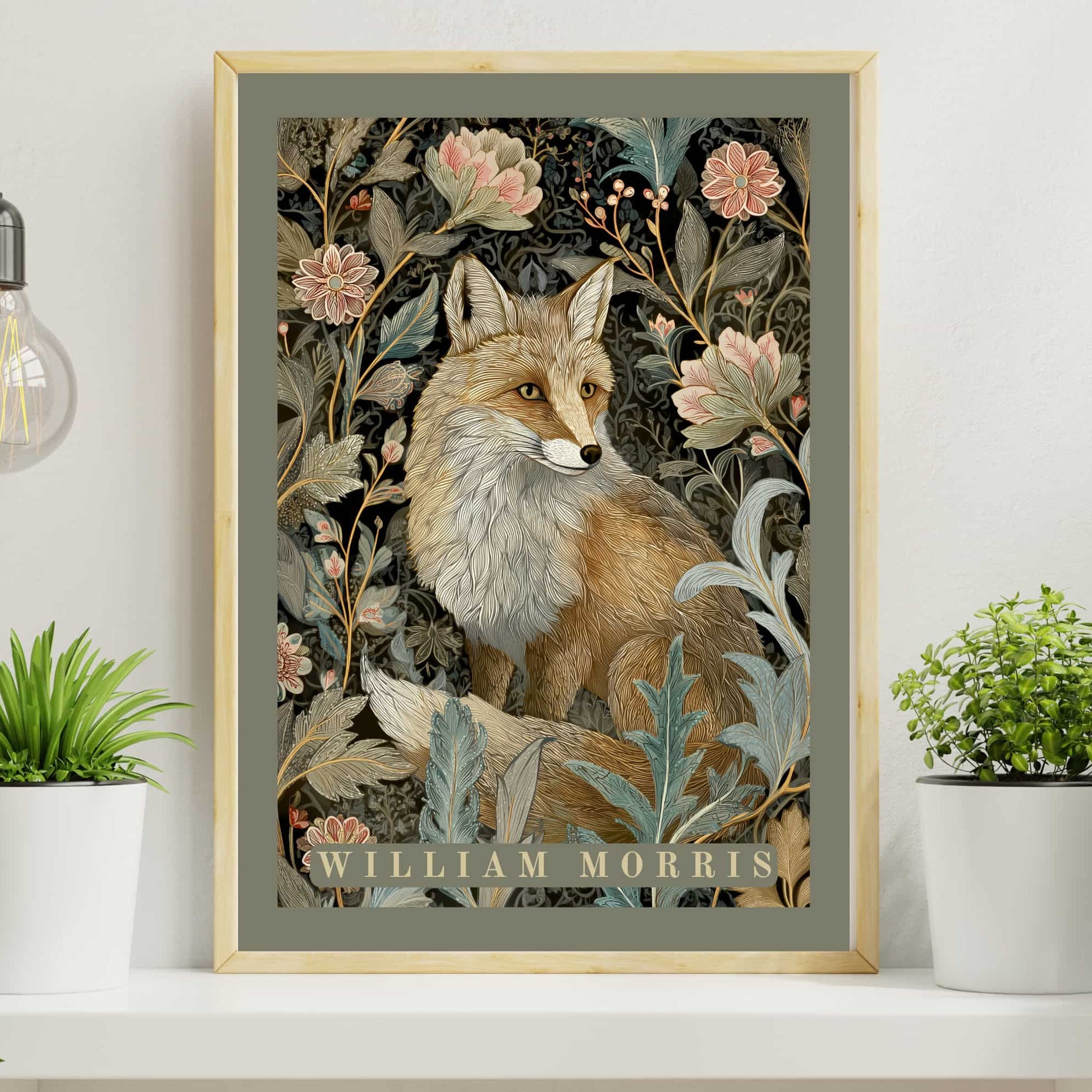 William Morris fox poster with grey-green natural harmony border featuring fox among pastel flowers dark background, botanical tapestry Arts & Crafts print