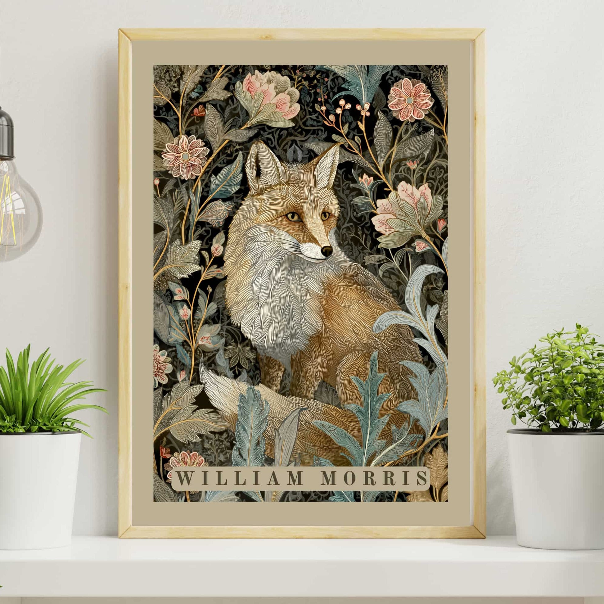 William Morris fox poster with light beige soft refined border featuring realistic fox among pastel flowers, Arts & Crafts tapestry botanical art