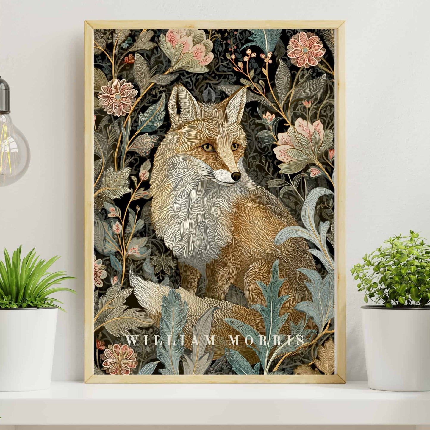 William Morris fox print with dark brown warm heritage border showing fox with pastel florals dark background, botanical tapestry style poster