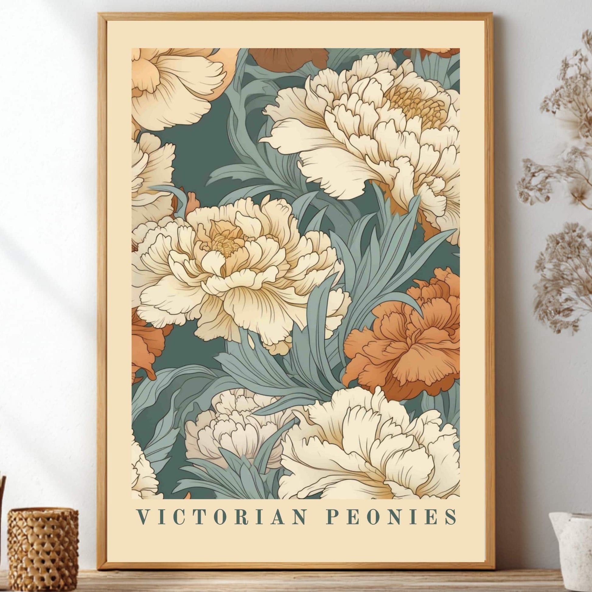 A framed botanical art print featuring cream and orange peony flowers on a dark teal background, with the text 'VICTORIAN PEONIES' at the bottom. The print is displayed in a light wood frame on a shelf, styled with dried flowers and small decorative vases. William Morris inspired poster showcasing vintage botanical prints in green and terracotta for art nouveau decor and vintage home styling
