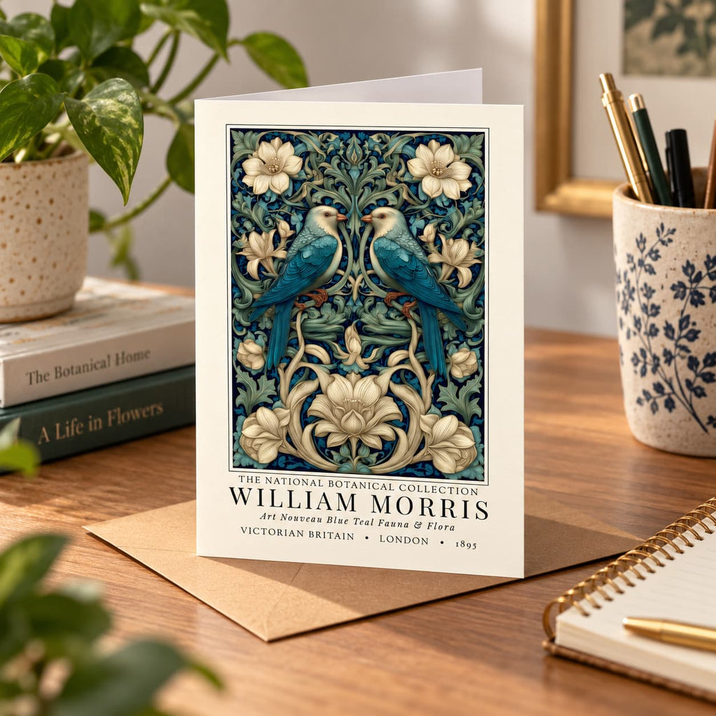 A William Morris art print card featuring two blue birds and white flowers on a dark blue background, displayed on a wooden desk with a plant, books, and stationery.