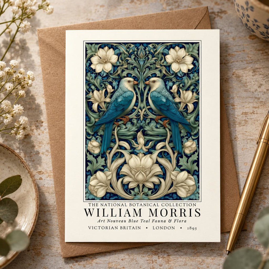 A William Morris art print card from The National Botanical Collection, featuring two blue birds and white flowers on a dark blue patterned background, displayed on a brown envelope with decorative flowers and a gold pen.