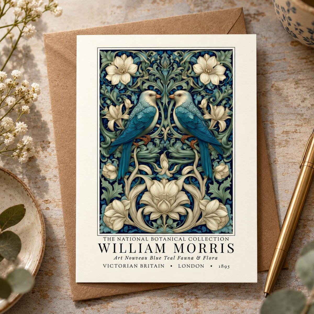A William Morris art print card from The National Botanical Collection, featuring two blue birds and white flowers on a dark blue patterned background, displayed on a brown envelope with decorative flowers and a gold pen.