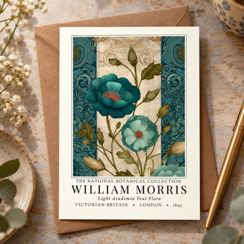 William Morris-Style Teal Floral Greeting Card