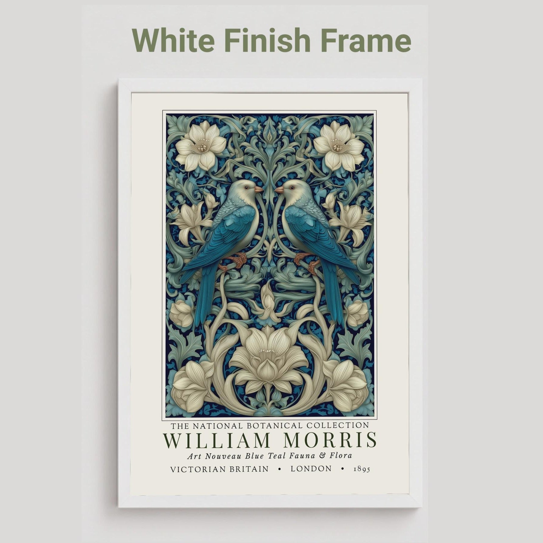 White framed artwork with birds and floral design on a white background