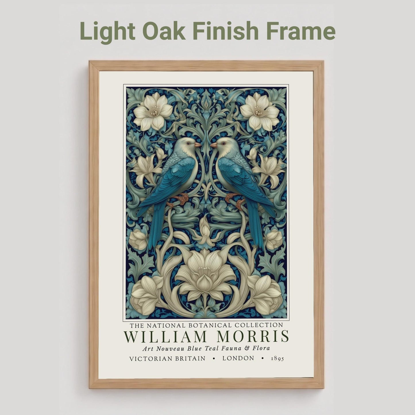 Light oak framed artwork with birds and floral design on a light gray background