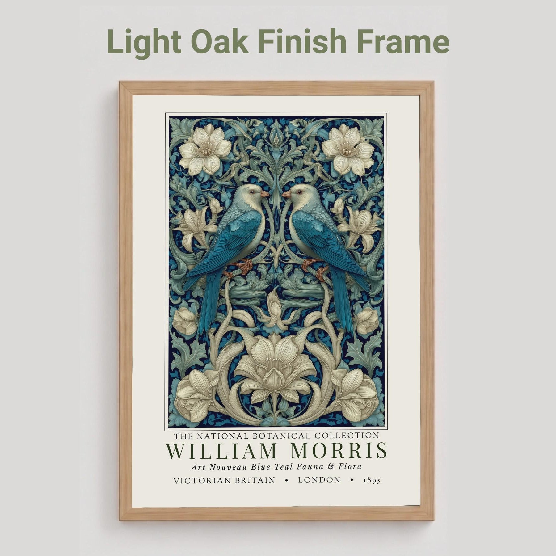 Light oak framed artwork with birds and floral design on a light gray background
