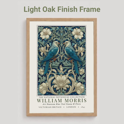 Light oak framed artwork with birds and floral design on a light gray background
