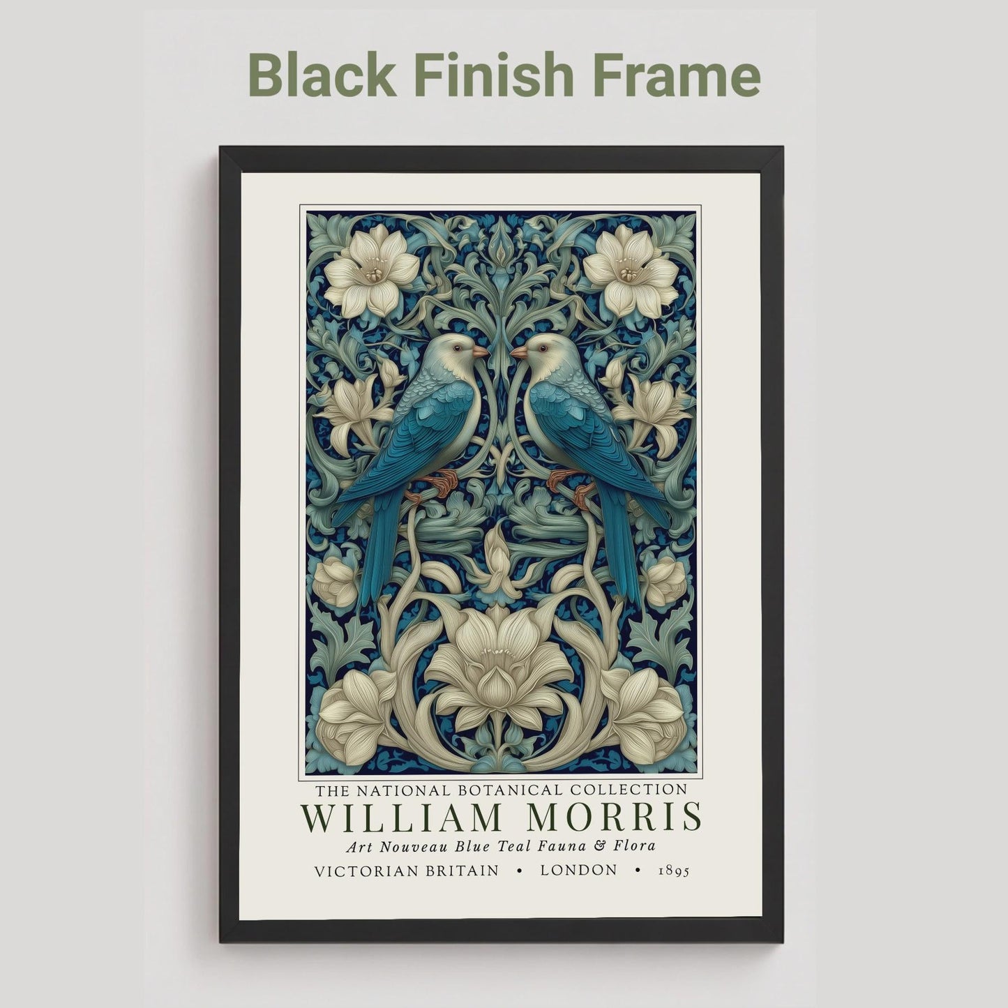 black Framed artwork with birds and floral design on a gray background