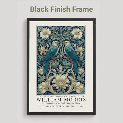 black Framed artwork with birds and floral design on a gray background