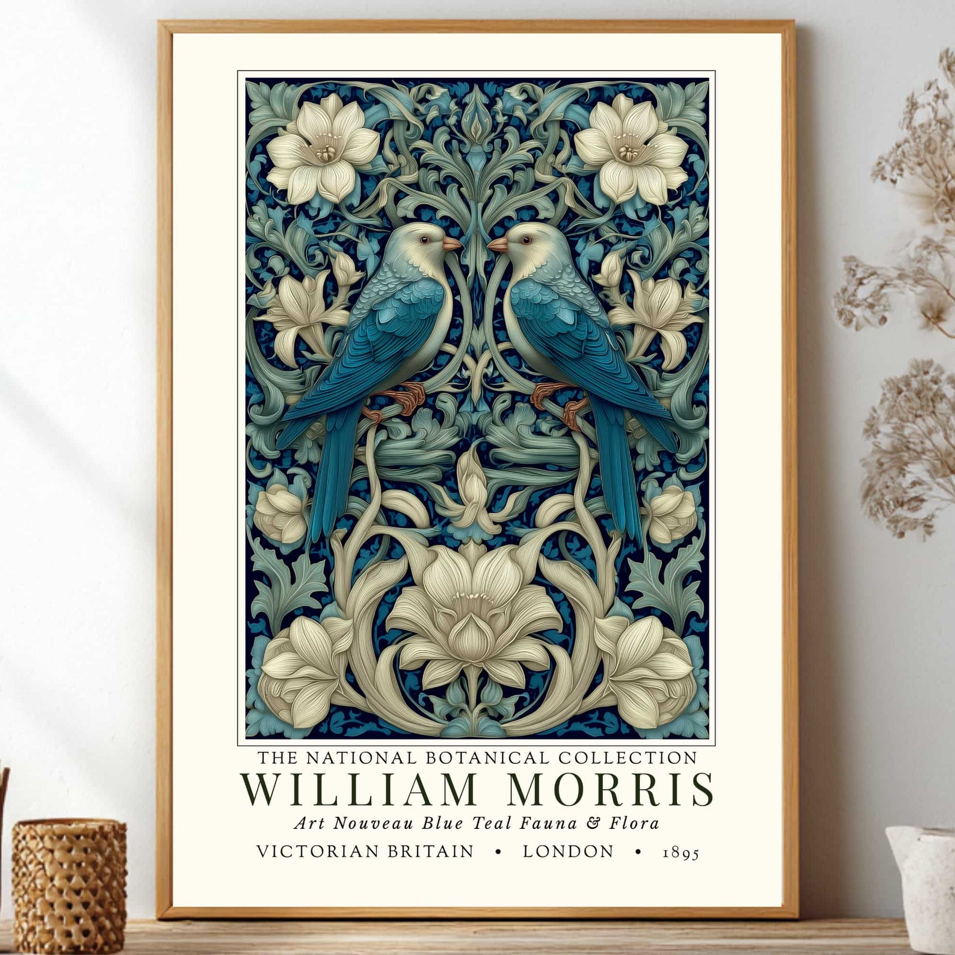 Framed artwork with birds and floral design, featuring William Morris branding.